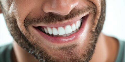 Close-up of a smiling man's mouth with perfect white teeth and stubble. AI-generated