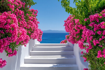 White architecture of staircase and pink flower bushes overlooking the sea on a sunny day. Summer holidays in Greece. Generated by artificial intelligence
