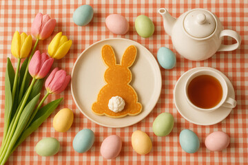Easter breakfast flat lay with bunny-shaped pancake, pastel eggs, tulips, teapot, and cup of tea on gingham tablecloth – spring holiday celebration