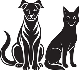 Two cute black and white cartoon cat and dog animal vector illustration