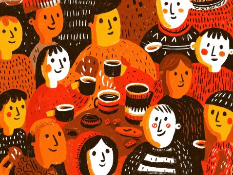 People gather enjoying coffee together, smiling warmly