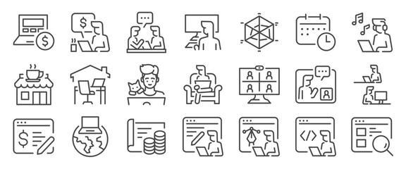 Freelance icon set. It included remote work, online, side hustle, coworking, video conference and more icons. Editable Vector Stroke.