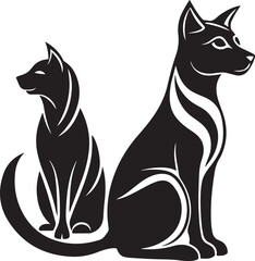 Cute black and white domestic cat vector illustration, featuring a funny sitting kitten silhouette