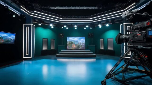 modern TV camera shooting in tv studio with copy space