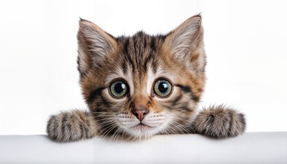 Obraz premium Playful Kitten Shyly Emerging from Paw on White Backdrop, Radiating Adorable Charm and Youthful Energy