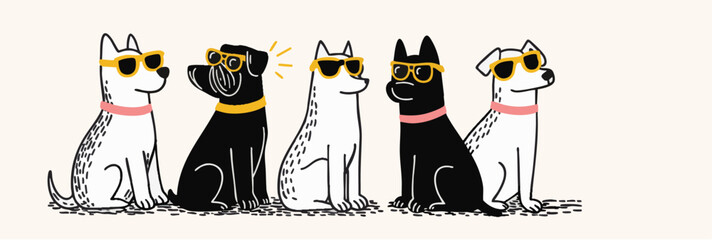 Hand drawn style illustration of cool dogs wearing summer sunglasses