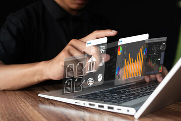 Financial audit, financial management, business accounting tax report, auditor using laptop with graphical dashboard and document charts, financial data analysis and online accounting records.