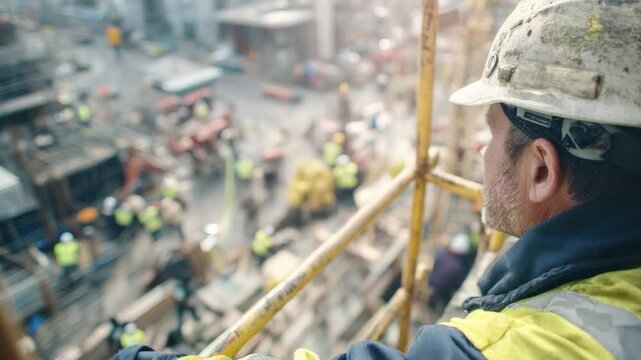 Construction Site: A worker with a hardhat is observing the bustling construction site, overseeing the progress and ensuring the safety of the workers amid the chaos and activity
