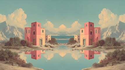 design for retro postcard series | gentle absurdity | structured calm | muted pastel tones | frontal perspective | pink buildings | architectural framing | color blocking | adventure through