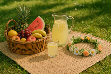 Summer picnic with fruit basket, lemonade pitcher, daisy flower crown, and mat on grass – outdoor fresh food and seasonal lifestyle concept

