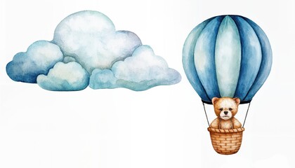 Watercolor Teddy Bear Soaring in Hot Air Balloon Among Fluffy Clouds and Vibrant Skies, Radiant Hues Enhancing the Whimsical Charm of the Scene.