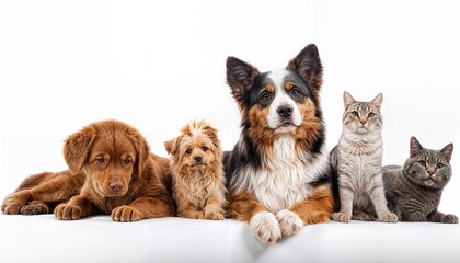 Adorable Lineup of Cute Dogs and Cats Against an Isolated White Background Charming Animal Portraits Radiating Joy and Playfulness in a Simplified Studio Setting.