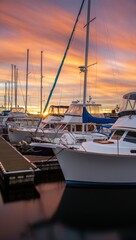 Fototapeta premium Sailboats at sunset harbor peaceful evening scene