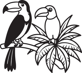 Two colorful tropical parrots perch on a leafy branch, an illustration of jungle wildlife