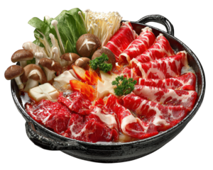 Delicious hotpot featuring variety of fresh ingredients including thinly sliced beef, mushrooms, vegetables, and cheese, perfect for family gathering or special occasion