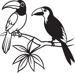 Toucan bird on a branch vector illustration with black beak and tropical blue wing, isolated wildlife cartoon drawing