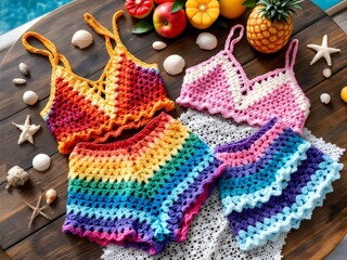 Bright and colorful handmade crochet swimsuits