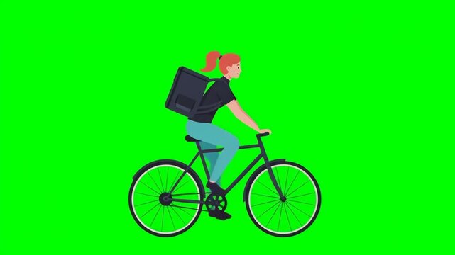 Redhead girl in jeans on a bicycle carrying pizza, motion imitation, animation, green screen, cartoon, footage, layout, chromakey, loop