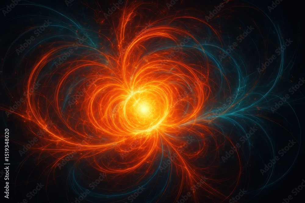 Poster thermonuclear reactor simulation with vibrant energy flow and luminous core in a dark environment