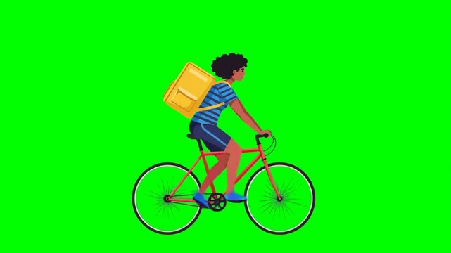 Afro american  girl in shorts on a bicycle carrying pizza, motion imitation, animation, green screen, cartoon, footage, layout, chromakey, loop