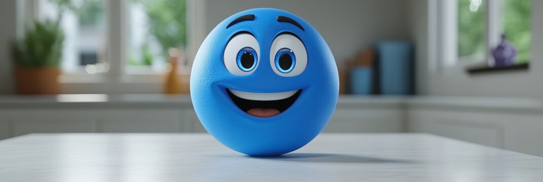 Delightful 3D rendering of a cheerful dark blue emoji with playful expressions on a white backdrop. - Powered by Adobe