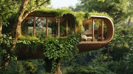Concept of modern eco treehouse with curved architecture nestled among trees in lush forest setting background
