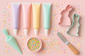 Colorful baking flat lay with pastel frosting tubes, sprinkles, bunny cookie cutters, and piping bag – Easter or spring dessert decoration concept