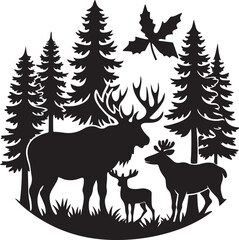 Elegant wild mammal silhouettes in a serene forest design, featuring deer, reindeer, and other wildlife