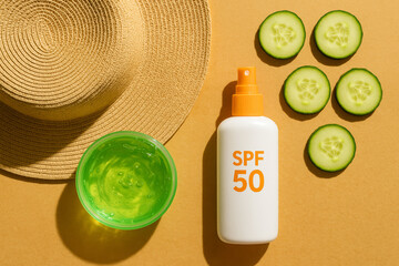 Summer skincare flat lay with SPF 50 sunscreen, aloe gel, cucumber slices, and straw hat – sun protection and skin care concept

