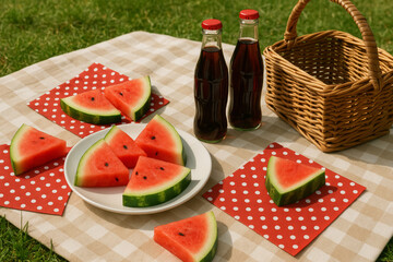 Summer picnic flat lay with watermelon slices, soda bottles, red napkins, and wicker basket on checkered blanket – outdoor fruit snack setup

