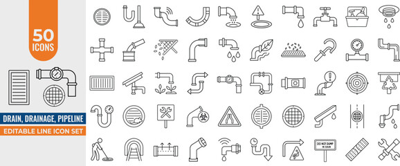 50 Vector Line Icons of Drainage, Sewage, Pipes, Sewers, and Grates – Fully Editable Stroke Pack