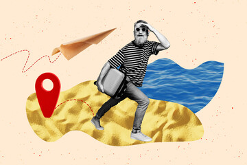 Exclusive magazine picture sketch collage image of happy old man run beach sand suitcase paper plane geolocation flight resort