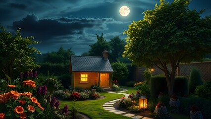  Miniature Cottage in a Green Garden at Moon Night