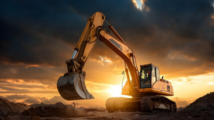 Powerful Excavator At Sunset Construction Site