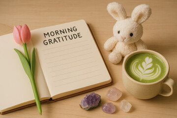 Morning gratitude flat lay with open journal, tulip, plush bunny, crystals, and matcha latte – cozy self care and mindfulness scene

