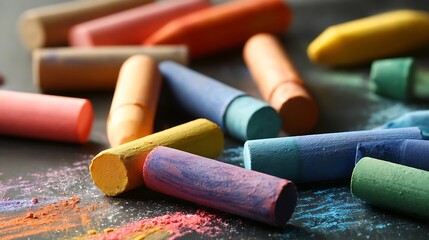 Colorful crayons scattered near blackboard, a playful burst of creativity in learning
