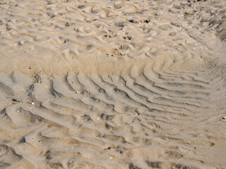 Wavy patterns are etched into the sand by the retreating tide