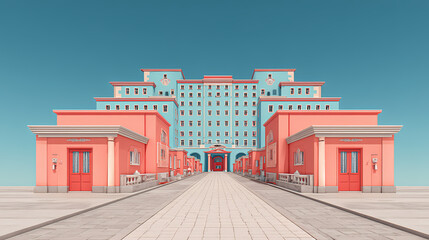 aesthetic reference for theater set | personal myth | structured calm | sky blue and coral | frontal perspective | binoculars | textured uniformity | flat lighting | fictitious European hotel |