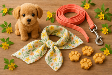 Dog accessories flat lay with plush puppy toy, floral bandana, leash, paw treats, and yellow flowers – cute spring pet care concept

