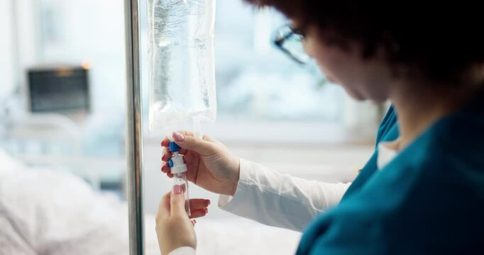 Nurse, hands or check iv drip in hospital for patient medication, healthcare treatment or nutrients. Medicine, woman and monitor intravenous infusion for hydration, anesthesia and prescription fluids