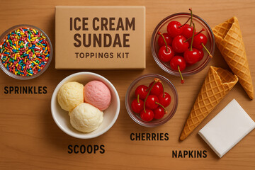 Ice cream sundae toppings kit flat lay with scoops, cones, cherries, sprinkles, and napkins – dessert party setup and summer treat concept

