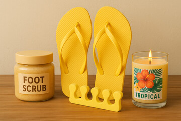 Tropical foot care flat lay with yellow flip flops, foot scrub, candle, and toe separator – spa pedicure and summer self care concept

