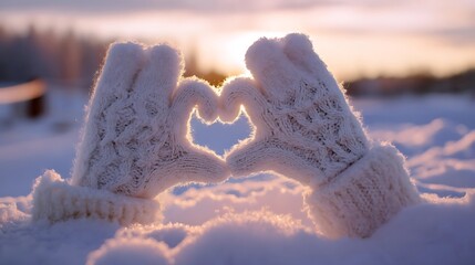 Winter gloves shaped as a heart on snow, bathed in sunset glow. Warmth and love in winter's embrace.