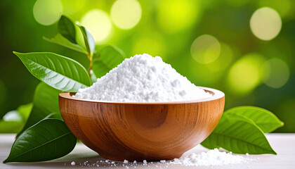 White zinc oxide powder in small wooden bowl. Healthcare and medical supplement product.