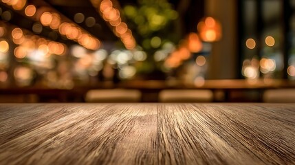 Wooden table with warm bokeh lights, evoking cozy evening ambiance