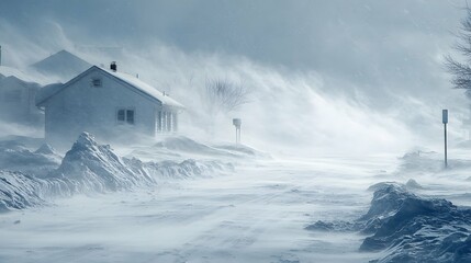 A fierce snowstorm creating a bleak, icy winter landscape.