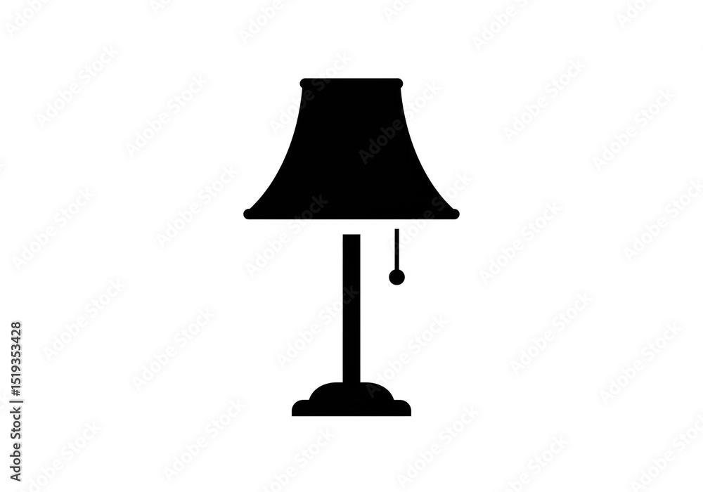 Poster a simple black silhouette of a table lamp with a lampshade and a pull chain on a white background