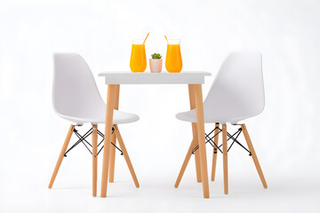 Minimal Table Setting with Orange Juice Isolated On White Background. Studio Shot of Table with Chairs