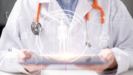 Professional doctor physician medical healthcare worker using artificial intelligence for diagnosis analysis treatment technology innovation disease concept
