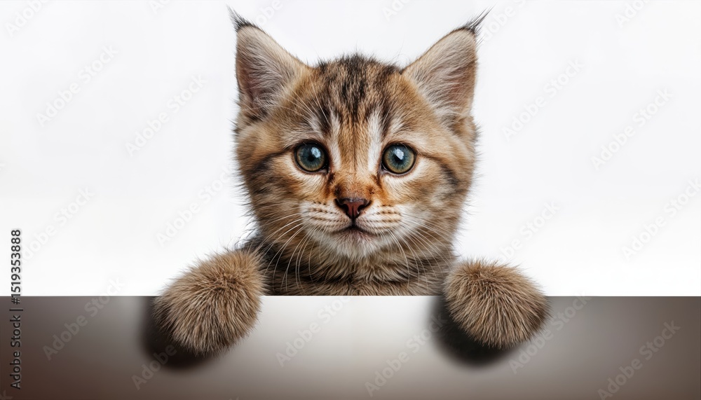 Poster playful kitten posing with empty banner backdrop in vibrant environment, capturing joy and innocence
